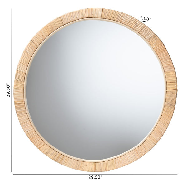 English Elm Modern Rattan Woven Round Wall Mirror Mahogany Frame Bohemian Organic Decor B2750P467646