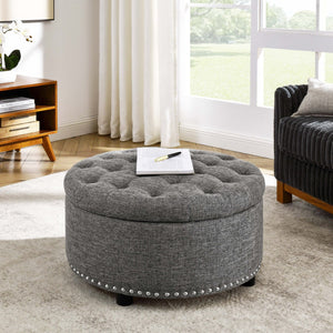English Elm Tufted Linen Square Ottoman with Lift Top Storage Nailhead Trim Living Room Dark Gray B2748P481671
