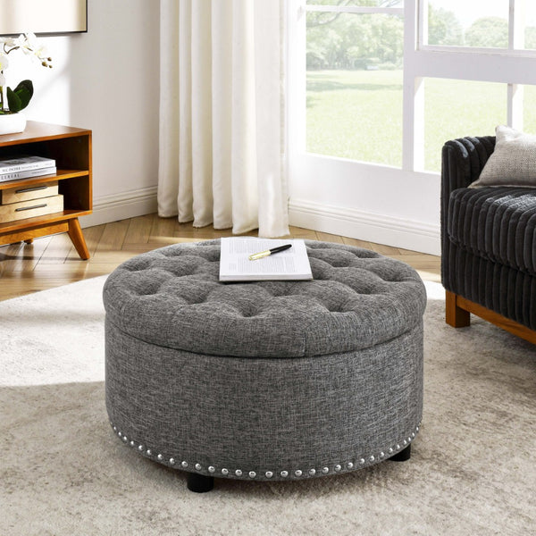English Elm Tufted Linen Square Ottoman with Lift Top Storage Nailhead Trim Living Room Dark Gray B2748P481671
