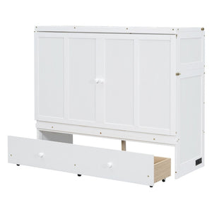 English Elm Full Size Wall Murphy Bed Cabinet with Storage Drawer and Built-in Usb Charging White N708P205903K