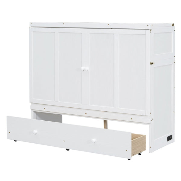 English Elm Full Size Wall Murphy Bed Cabinet with Storage Drawer and Built-in Usb Charging White N708P205903K