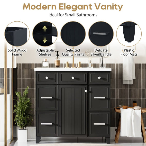 English Elm 36" Matte Black Shaker Vanity with Resin Sink Solid Wood 3 Drawer Soft Close SV000003AAB