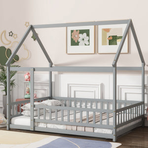 English Elm Full Size House Bed Frame With Roof, Safety Guardrails, Grey Finish - Perfect For Kids' Room Fun! W504P286407