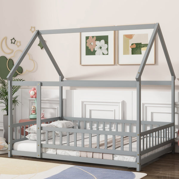 English Elm Full Size House Bed Frame With Roof, Safety Guardrails, Grey Finish - Perfect For Kids' Room Fun! W504P286407