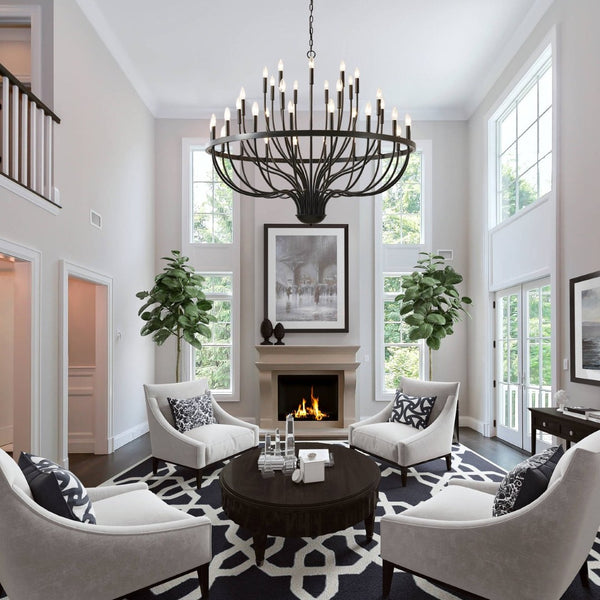 English Elm 36-light Matte Black Iron Candle Chandelier Farmhouse Industrial Style for Large Dining Rooms W5008P464944