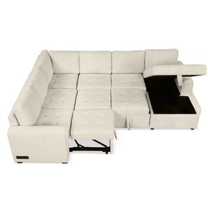 English Elm 107.5" U-shaped Sofa Sectional with Storage Chaise, Pull-Out Bed, USB Charging, Corduroy Comfort Beige N719S001570A