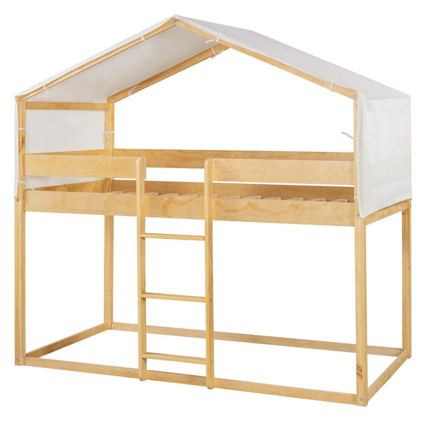 English Elm Twin Over Kids Bunk Bed with Tent Canopy Farmhouse Pinewood Playroom Frame Natural N708P248523M