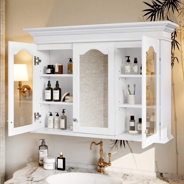 English Elm 40" Medicine Cabinet with Mirror, 6 Adjustable Shelves, Wall-Mounted Bathroom Organizer, White Modern Design N710P264317K