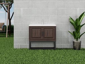English Elm 36" Freestanding Bathroom Vanity with White Ceramic Sink, Adjustable Feet, Metal Hinges, Shelf Walnut W688P224383