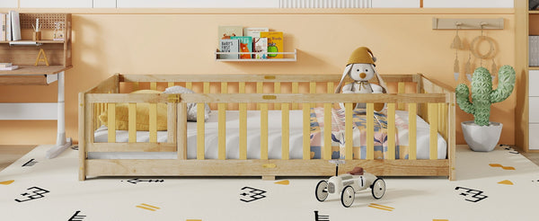 English Elm Twin Size Floor Bed With Safety Fence And Door – Eco-Friendly Rubber Wood, Low-Profile Design For Kids W504P286374-GIGA