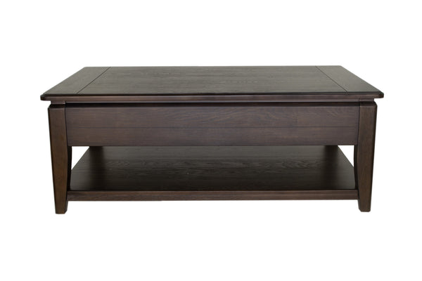 English Elm Cocktail Mahogany Lift-Top Table with Casters, Hidden Storage & Lower Shelf—Elm Veneer Solid Wood B2699P373658