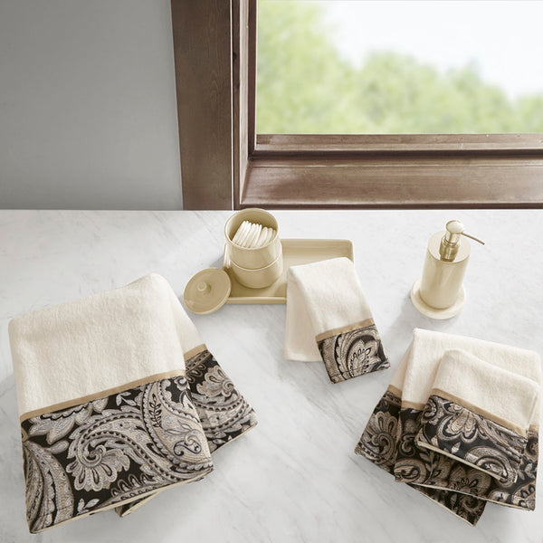 JLA Home Madison Park - 6 Piece Jacquard Towel Set — 100% Cotton OEKO-TEX Black & Gold Paisley Hem, Ultra-Absorbent Luxury MP73-5309