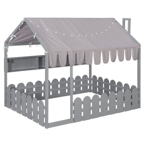 English Elm {slats Are Not Included} Twin Montessori House Floor Bed Kids Tent Lights Shelves Pinewood Frame Gray N708P407963E