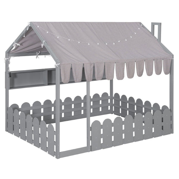 English Elm {slats Are Not Included} Twin Montessori House Floor Bed Kids Tent Lights Shelves Pinewood Frame Gray N708P407963E