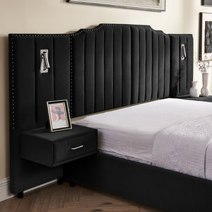 English Elm Queen Velvet Platform Bed with Tufted Headboard Integrated Nightstands and Striped Design Black W487S00441