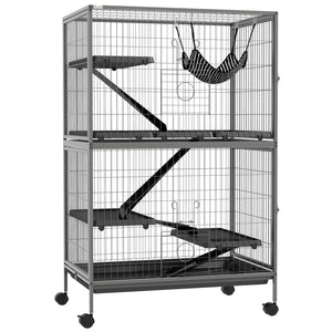English Elm PawHut 50" 5-Tier Small Animal Cage with Hammock, Heavy-Duty Steel, 4 Doors, Removable Tray, Gray W2225P200802