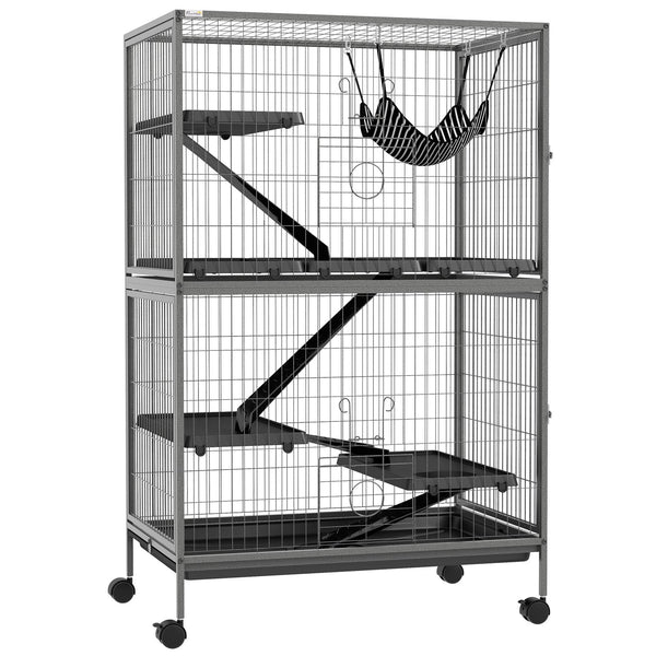 English Elm PawHut 50" 5-Tier Small Animal Cage with Hammock, Heavy-Duty Steel, 4 Doors, Removable Tray, Gray W2225P200802