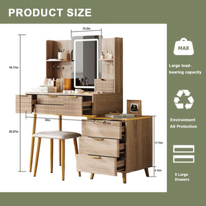 English Elm 7-Drawer LED Vanity Desk with Jewelry Organizer, Fluted Carved Design, PU Stool & Metal Legs W2700P369516