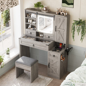 English Elm Farmhouse LED Vanity Desk with Sliding Mirror, Glass Top Storage, Built-In Charging Station & Stool Gray 37 L x 18.5 W x 13 H N733P340562G