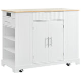 English Elm K&K Fluted Kitchen Island With Trash Can Storage Cabinet, Power Outlet, Internal Storage Rack, Rolling Kitchen Islands On 5 Wheels With 3 Drawer, 3 Open Side Racks For 10 Gallon Garbage Bin, White