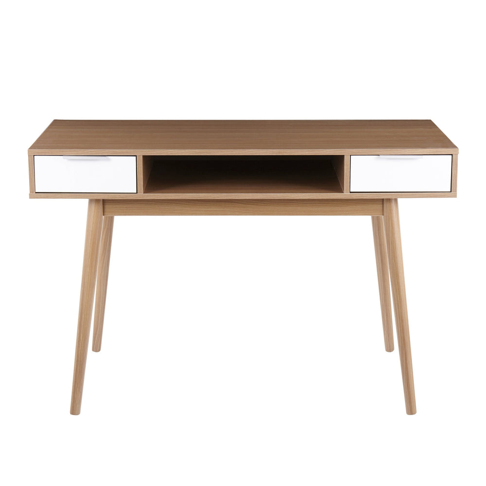 English Elm Pebble Natural Wood Double Desk with White Drawers by LumiSource — Contemporary, Spacious Storage B202P223967