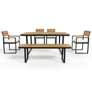 English Elm 6-piece Outdoor Acacia Wood Patio Dining Set with Cushioned Chairs Bench Steel Frame Beige N704G201255A
