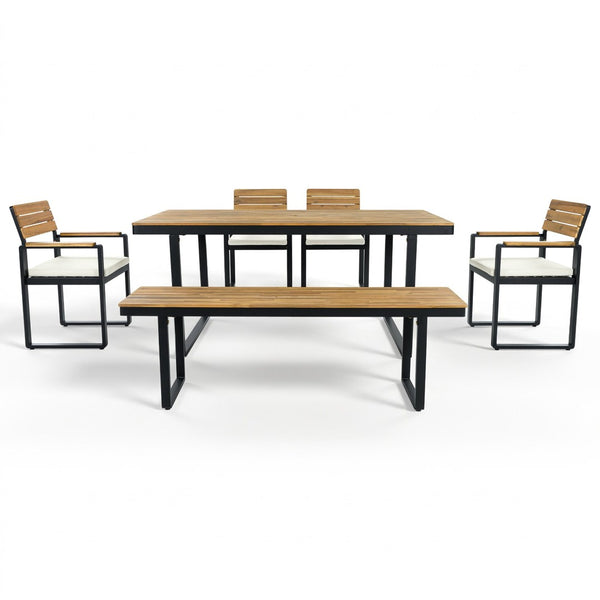 English Elm 6-piece Outdoor Acacia Wood Patio Dining Set with Cushioned Chairs Bench Steel Frame Beige N704G201255A