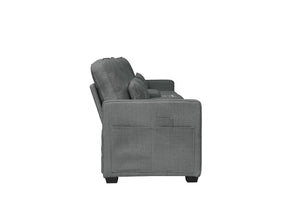 English Elm 114" Modern Upholstered Sofa with Console, Built-In USB & Cupholders, Durable Linen Fabric Comfort Dark Gray W2353S00004