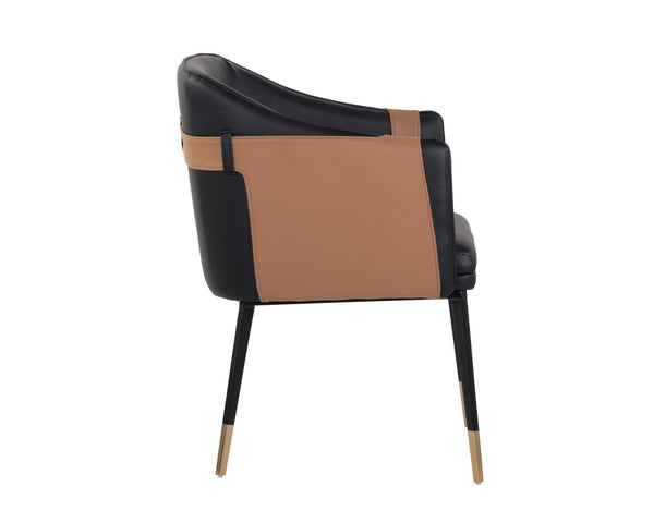 Sunpan Carter Barrel Back Dining Armchair in Faux Leather with Stylish Copper Foot Caps and Steel Legs Napa Black / Napa Cognac