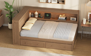 English Elm Full Pine Platform Daybed with Led Lighting Usb Charging Headboard Shelf and Drawers Wood N7090004032D
