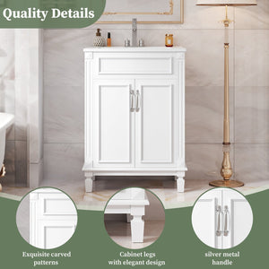 English Elm 24'' Bathroom Vanity with Sink - Solid Wood Frame, Glossy Ceramic Basin, Soft-Close Doors & Ample Storage Elegant Modern Design, Durable MDF Construction, Retro Metal Handles, Compact 24-inch Cabinet White N710P317675K