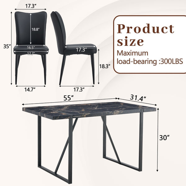 English Elm Table Modern Black Marble Mdf Dining Set With 4 Stylish Pu Chairs - Perfect For Kitchen & Dining Room W1151S02525-GIGA