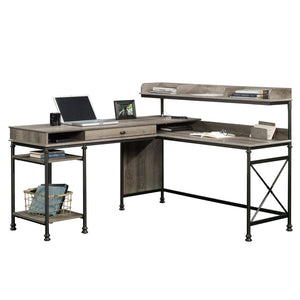 English Elm L-Shaped Desk In Warm Brown Finish - Stylish Corner Workspace With Ample Surface And Storage Options B356P402707
