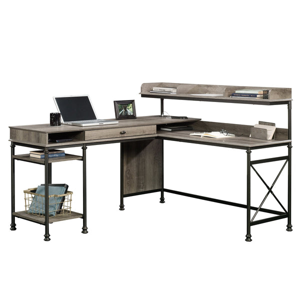 English Elm L-Shaped Desk In Warm Brown Finish - Stylish Corner Workspace With Ample Surface And Storage Options B356P402707