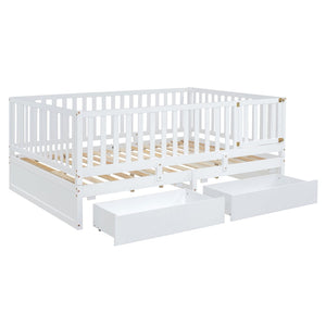 English Elm Full Size Pinewood Kids Daybed with Fence Rails Split Floor Bed and Storage Drawers White LP100882AAK