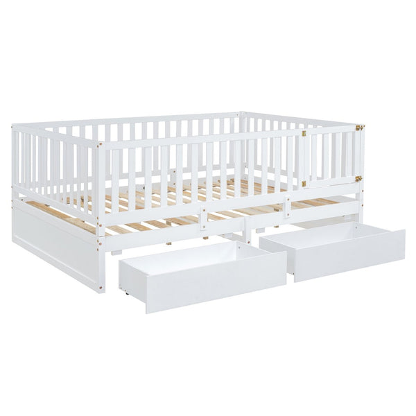 English Elm Full Size Pinewood Kids Daybed with Fence Rails Split Floor Bed and Storage Drawers White LP100882AAK