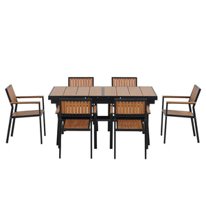 English Elm U_Style Outdoor Extendable Dining Set with 6 Sturdy Chairs, Heavy-Duty 352 lb Table Capacity, Stylish Black,Natural WY000443AAB