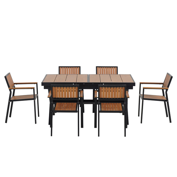 English Elm U_Style Outdoor Extendable Dining Set with 6 Sturdy Chairs, Heavy-Duty 352 lb Table Capacity, Stylish Black,Natural WY000443AAB