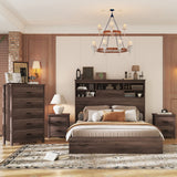 Queen Vintage Wooden Bed Frame Set with 2 Nightstands & 1 Dresser, Dark Walnut, 4-Piece