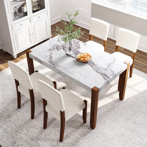 English Elm 5-Piece Modern Dining Set with 46.5" Faux Marble Table & 4 Upholstered Rubberwood Chairs, Space-Saving Elegance for Kitchen and Dining SQ000885AAK