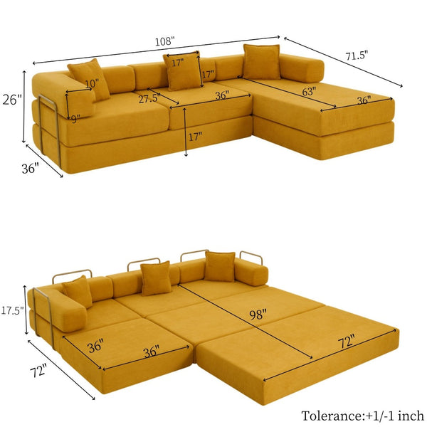 English Elm 108'' Modular Cloud Sectional Corduroy Couch with Fold Flat Backrest for Living Rooms Yellow W1117S00293
