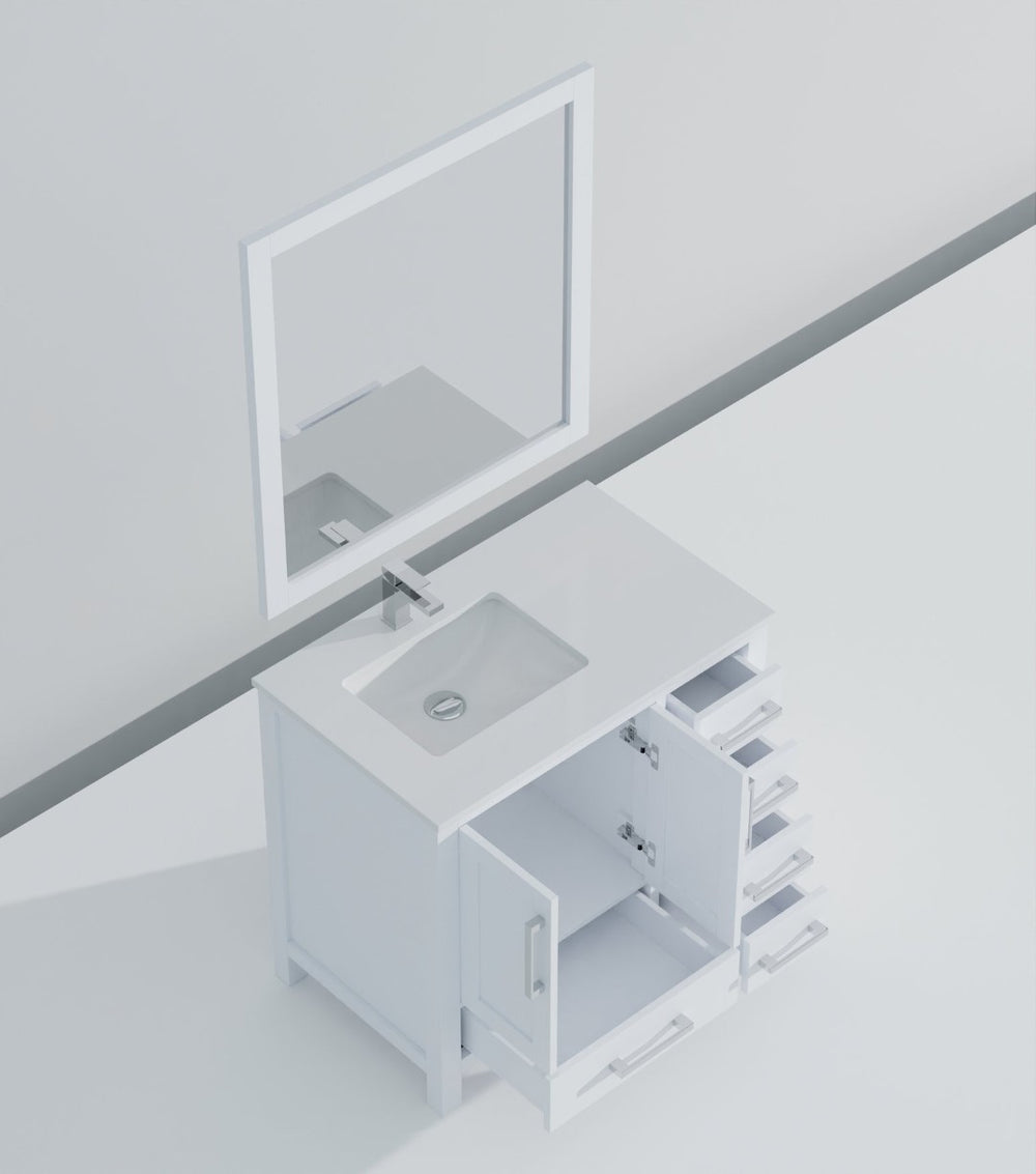 English Elm White Bath Vanity Set With Left Offset Quartz Top, Chrome Faucet, And 34-Inch Matching Mirror B2731S01258-GIGA