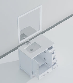 English Elm White Bath Vanity Set With Left Offset Quartz Top, Chrome Faucet, And 34-Inch Matching Mirror B2731S01258-GIGA