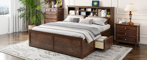 English Elm King Platform Bed with Multi-Storage Headboard, Built-In USB & Outlets, Side Drawers, Modern Design Wood GX000400AAD