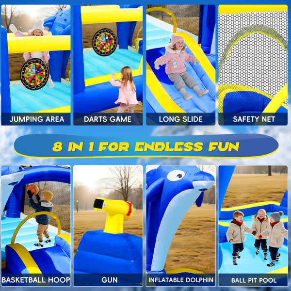 English Elm 8 in 1 Inflatable Outdoor Water Park Bounce House with Slide Sprinkler Hoop W167790002