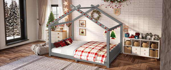 English Elm Twin House Frame Floor Bed Solid Pine Kids Room Montessori Low Profile Play Nook Gray W1580P387843