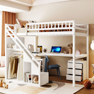 English Elm Twin Loft Bed with Staircase Desk Dual Drawers and Led Strip for Kids Rooms LT000257AAK
