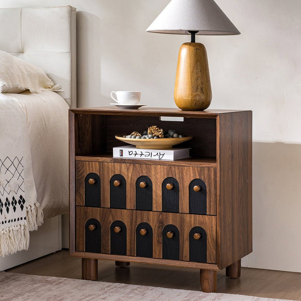 English Elm 26" Mid-century Nightstand with Charging Station Mirrored Drawers and Wood Legs W3417P388714
