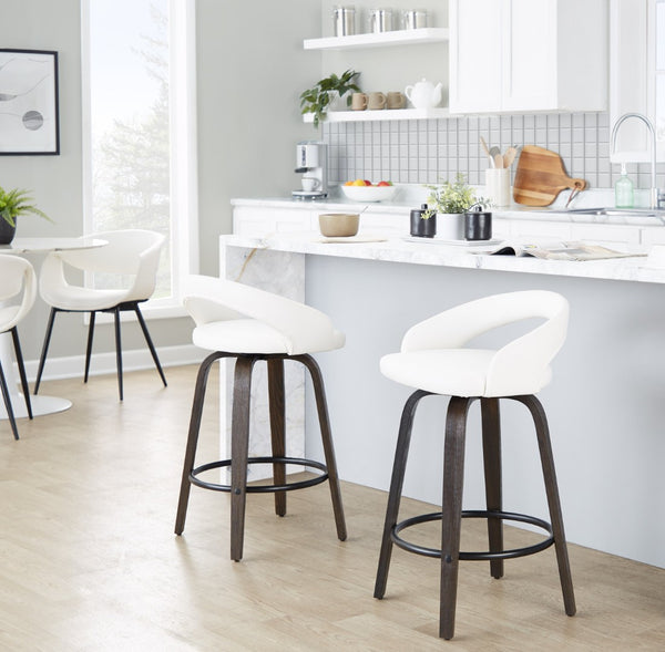English Elm Fixed-height Swivel Counterstools Walnut Wood Frame White Faux Leather Seat Set of 2 B202S01830
