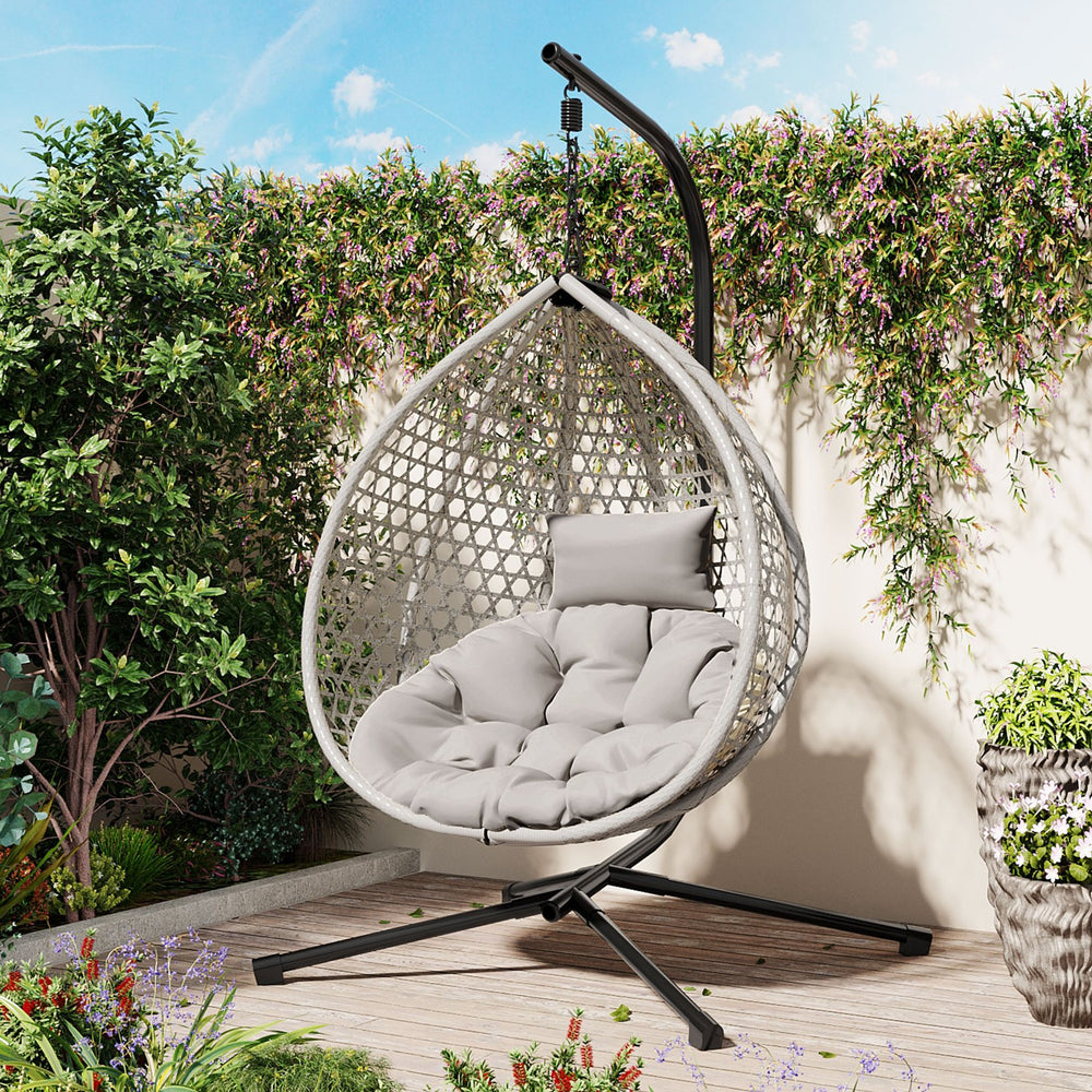 English Elm U_STYLE Sturdy Hammock Chair with HDPE Rattan Weave, Rust-Resistant Chain, Soft Removable Cushion Gray+Gray N711P255131E